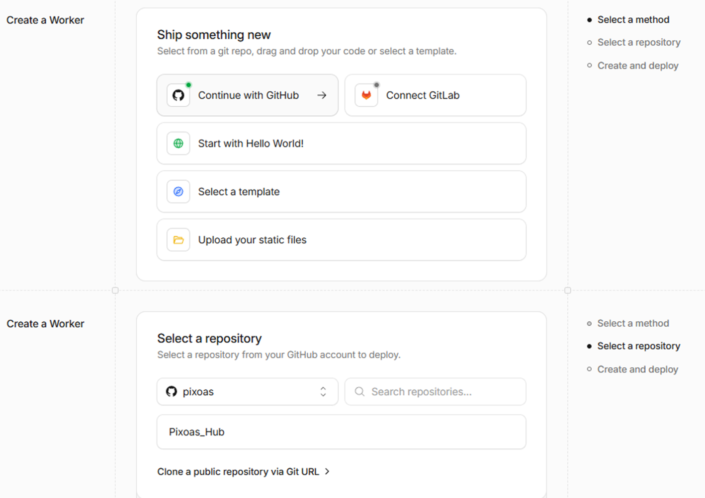 ▲ Cloudflare에 GitHub 계정을 연동하고 배포할 저장소(Repository)를 선택